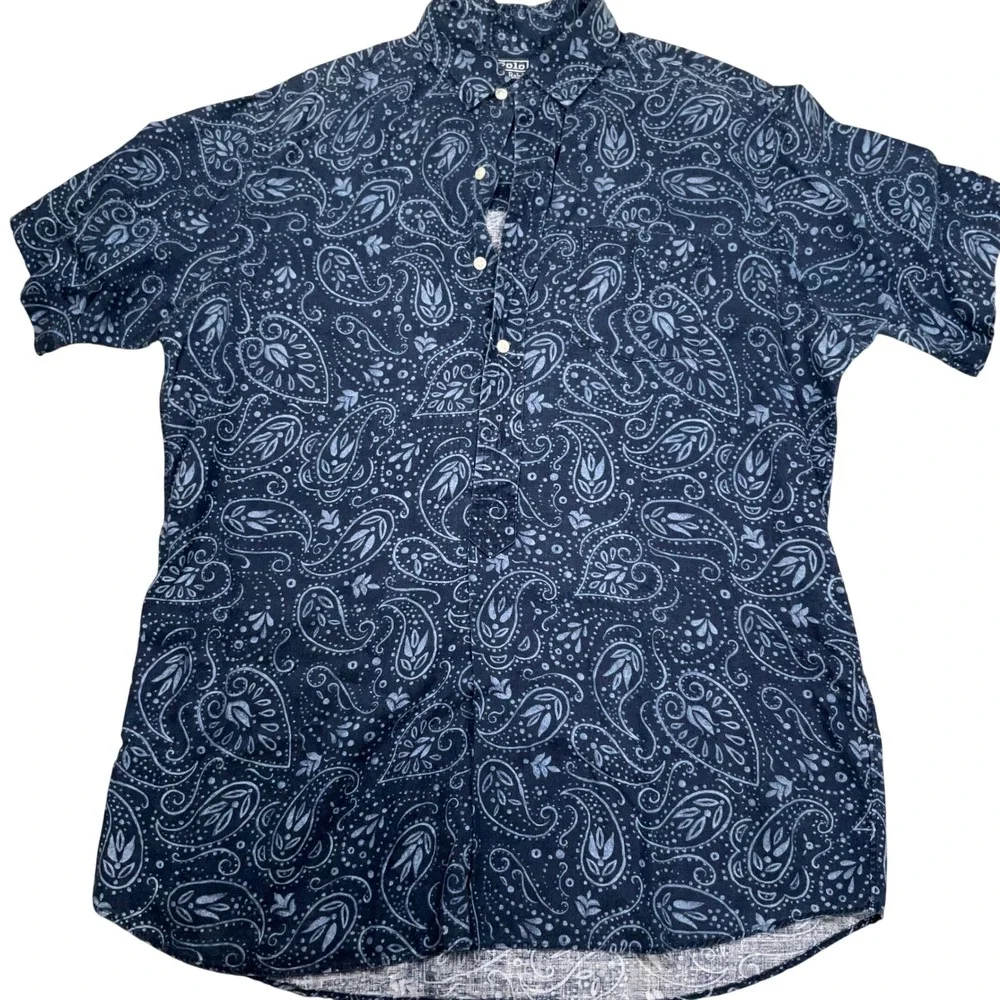 Polo Ralph Lauren Shirt Mens M Navy Paisley Cambridge Pullover Coastal Linen